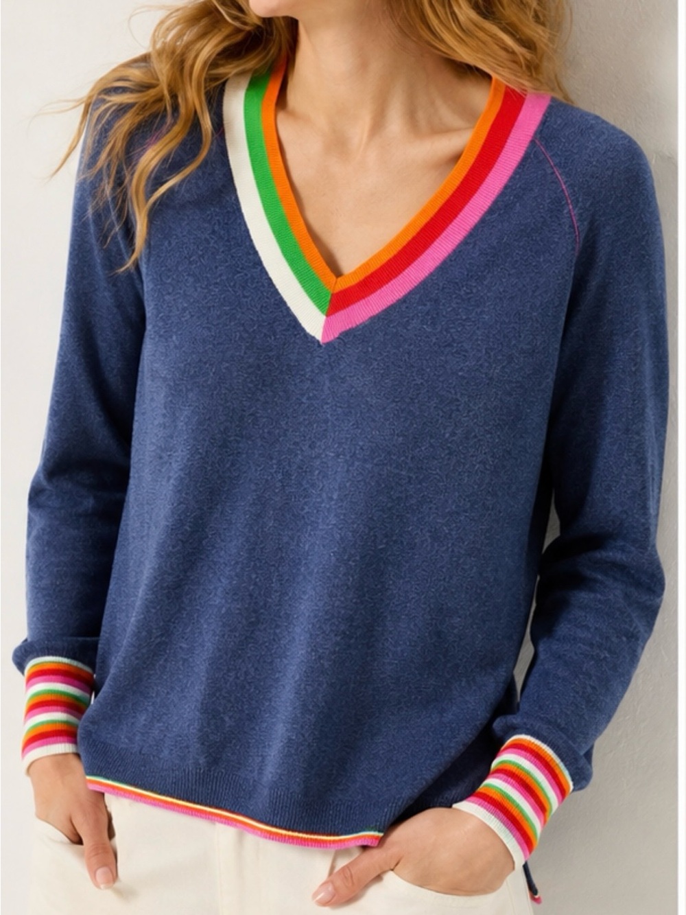 Zaket & Plover Blue Rainbow Trim V-Neck Sweater Size S Silk Cotton